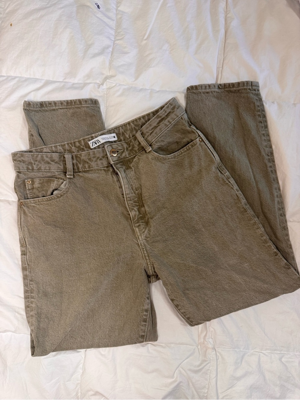 ZARA Straight Jeans olive green medium Wash 5-Pocket Button Accents Women's 8
